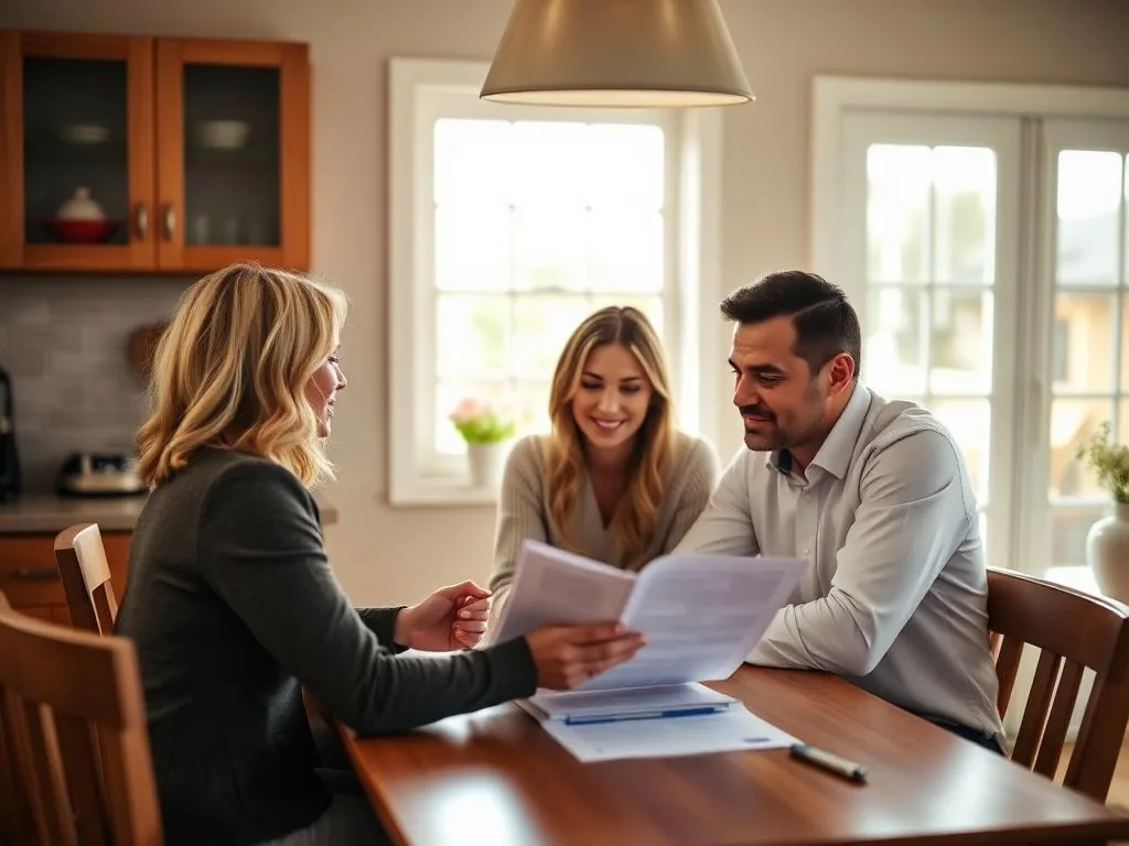 Insurance advisor reviewing paperwork with a couple at a kitchen table