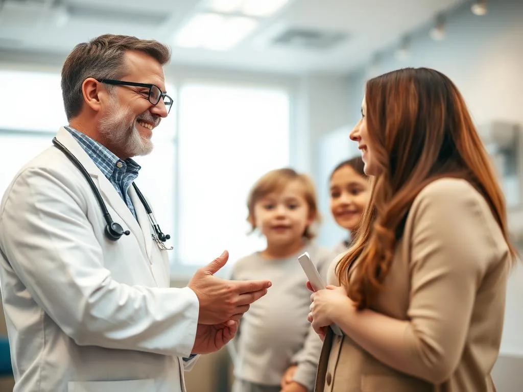 Doctor smiling while speaking with a mother and her children in a bright clinic