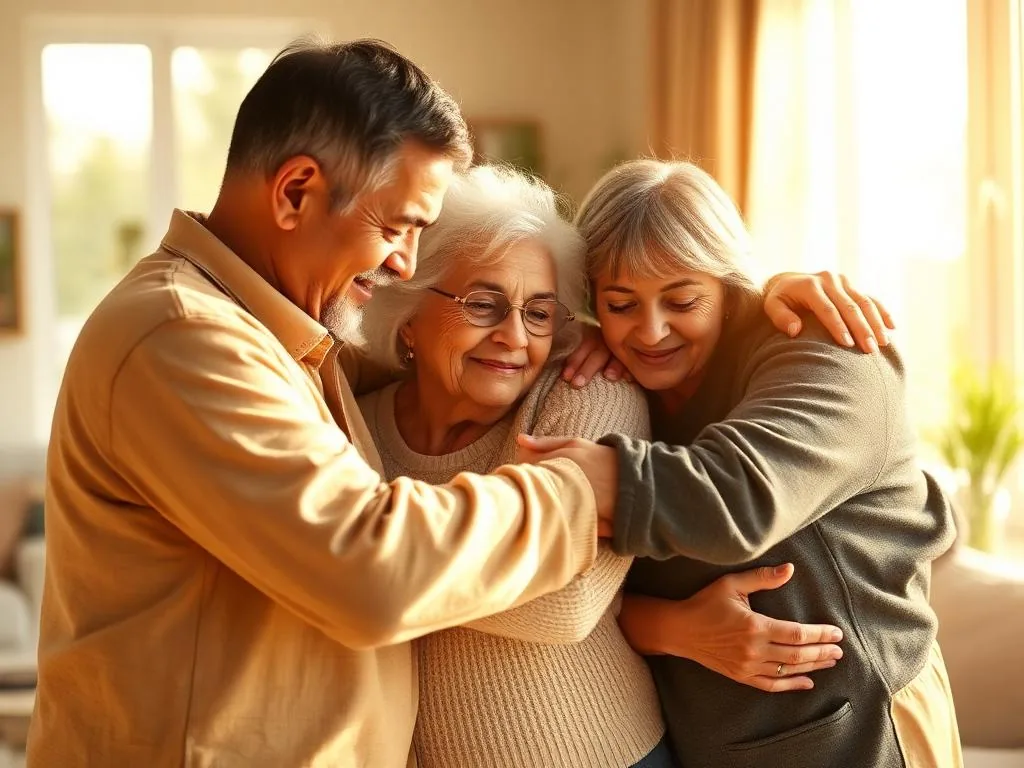 Multi-generational family embracing in a sunlit living room